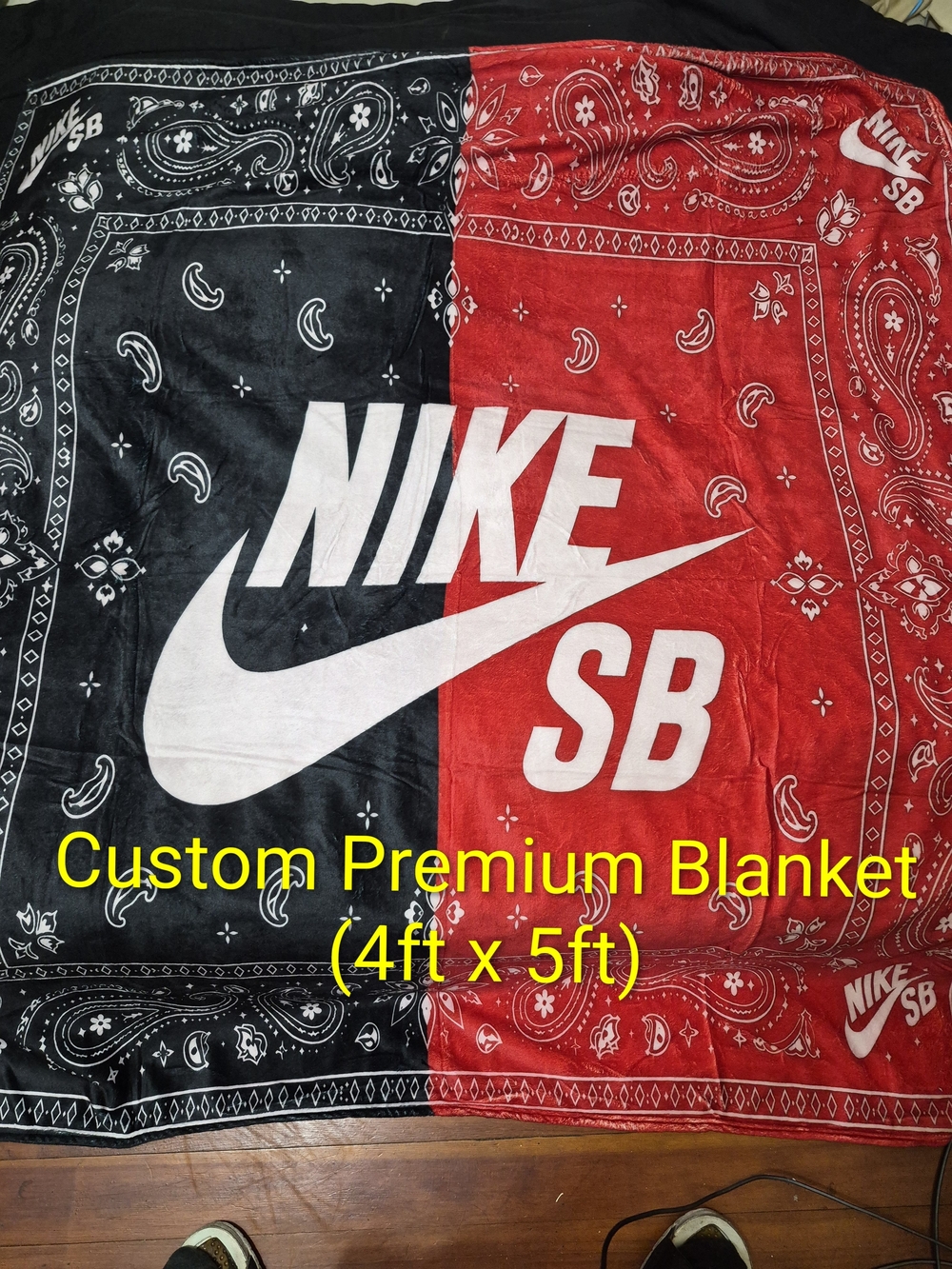 Custom Premium Fleece Blanket W/Black & Red Paisley Bandana Design 4ftx5ft New